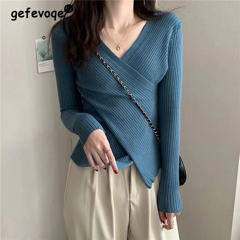 Top Trends: Women Korean Fashion V Neck Cross Asymmetrical Design Knitted Sweater Autumn Winter Solid Long Sleeve Slim Pullover Tops Jumpers Shoppable Styles