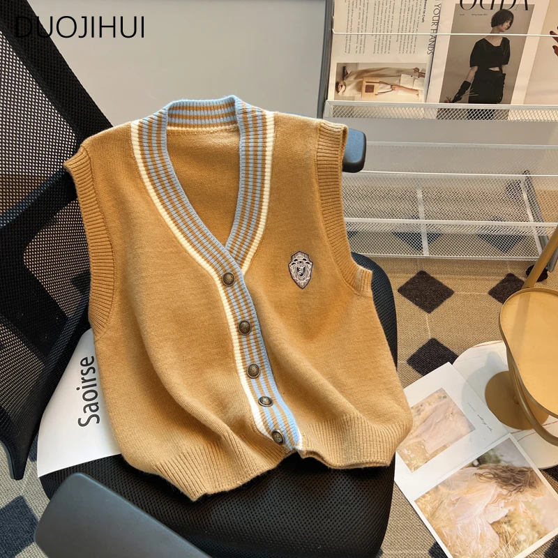 Top Trends: DUOJIHUI Preppy Style Spell Color Chicly Cardigan Female Sweater Vest New Vintage Basic V-neck Fashion Button Women Sweater Vest Shoppable Styles - Image 2