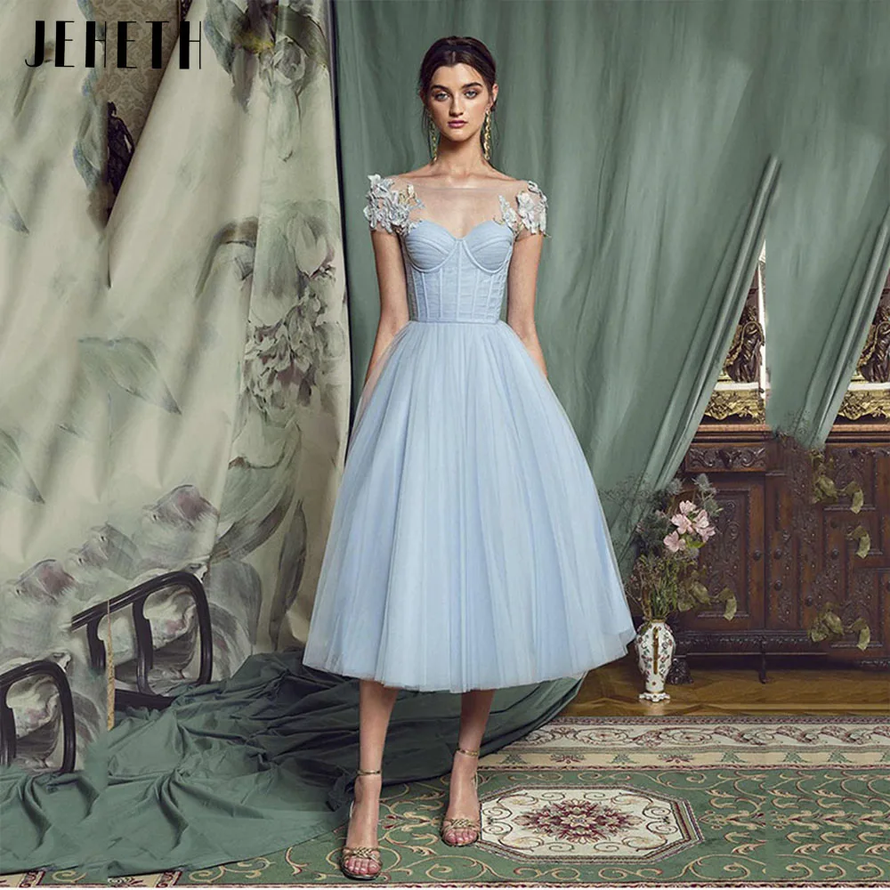 Top Trends: JEHETH Sky Blue A Line Short Appliques Prom Dress Lace-up Backless Princess Celebrity Evening Gown Tea Length Robes De Soirée Shoppable Styles