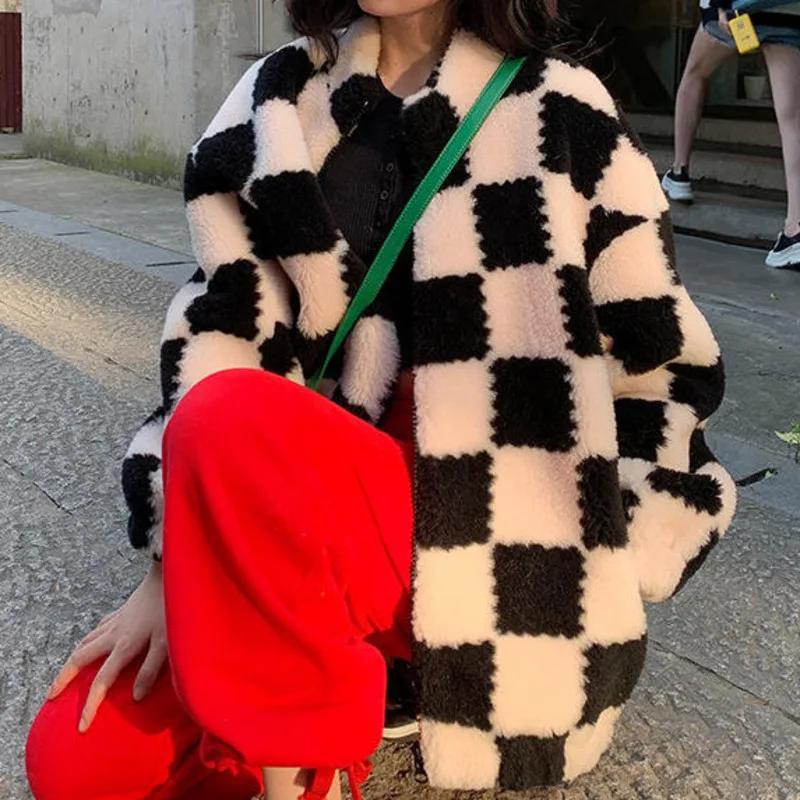 Top Trends: Checkerboard Jackets Women Faux Fur Teddy Jacket New Vintage Plaid Outerwear Fur Coats Female Overcoat Winter Coat Women Fashion Shoppable Styles