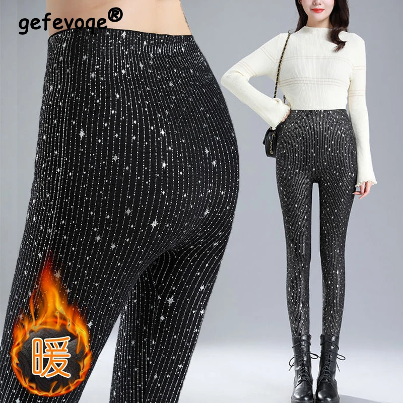 Top Trends: Women Autumn Winter Velvet Thick Warm Fashion Star Print Glitter Street Outwear Leggins High Waist Stretchy Skinny Legging Pants Shoppable Styles