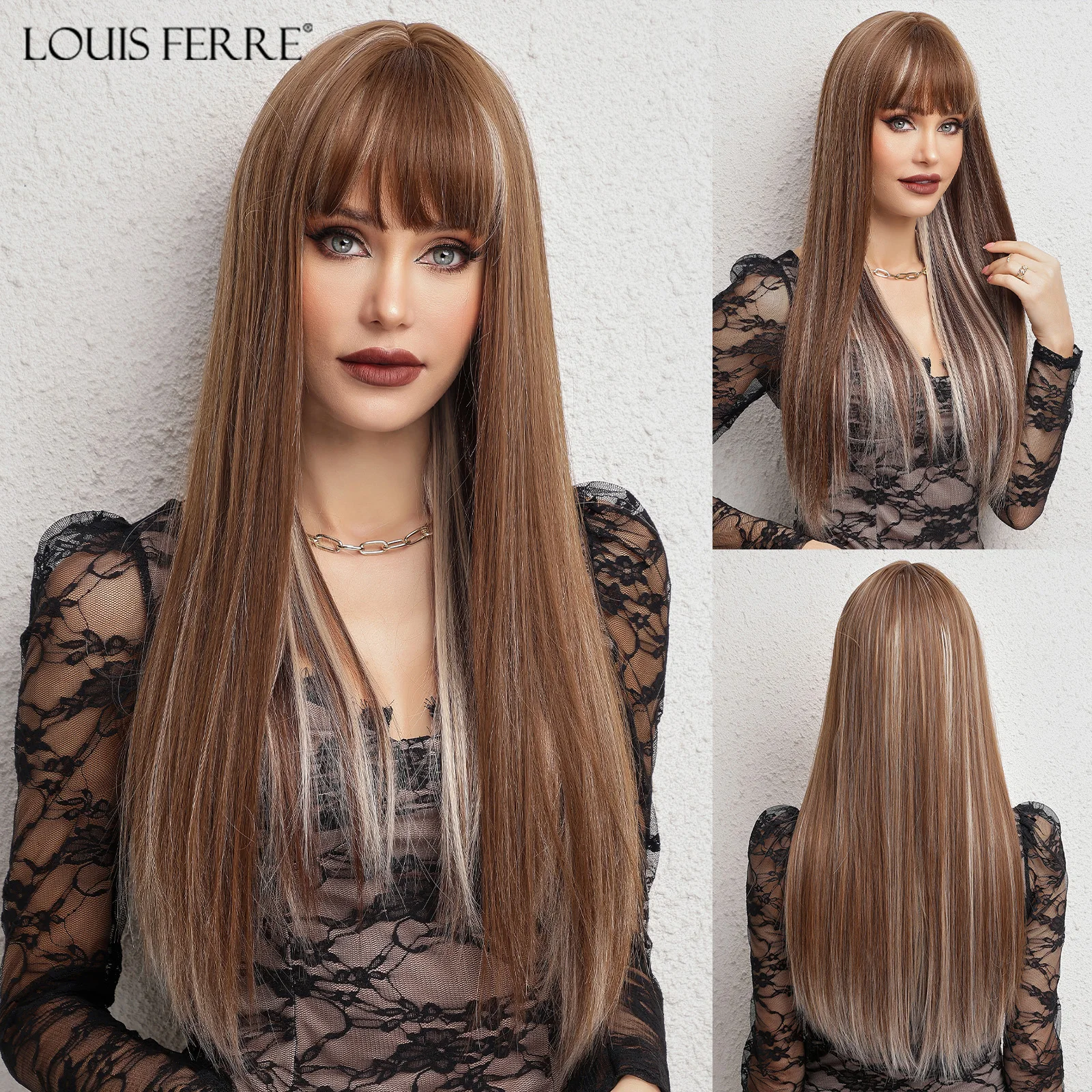 Top Trends: LOUIS FERRE Chocolate Brown With Blonde Highlight Synthetic Hair Long Straight Natural Wigs With Bangs Women&#039;s Cosplay Fiber Wig Shoppable Styles