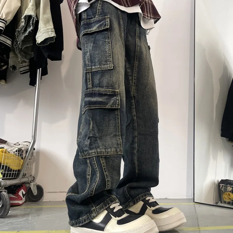 Top Trends: Men's Patchwork Blue Cargo Jeans Unisex Straight Casual Trousers Men Muti-pockets Hip Hop Streetwear 90s Vintage Fashion Pants Shoppable Styles