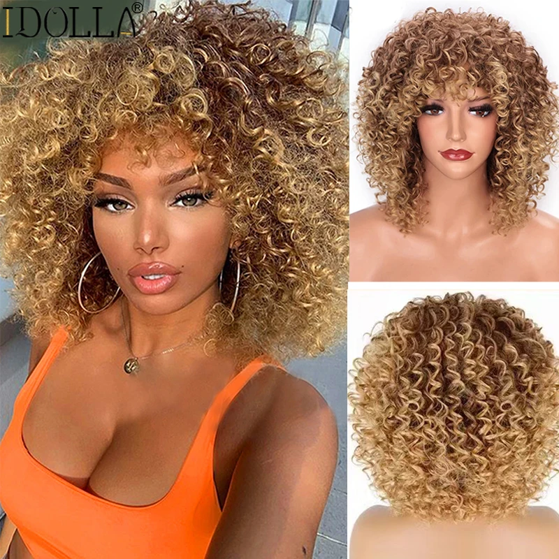 Top Trends: Idolla Short Curly Blonde Wig Synthetic Afro Kinky Curly Wig With Bangs For Black Women Natural Ombre Blonde Cosplay Wig Shoppable Styles