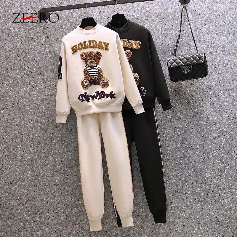 Top Trends: Autumn Women Cartoon Sportwear Suit Casual Black Tracksuit Female Autumn 2 Piece Set Pullover Top Patchwork Pant Sets Outfits Shoppable Styles