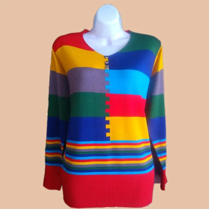 Top Trends: 2023 New Spring And Autumn Fashion Trend Splicing Contrast Color V-neck Color Stripe Casual Loose Fitting Women&#039;s Sweater Shoppable Styles