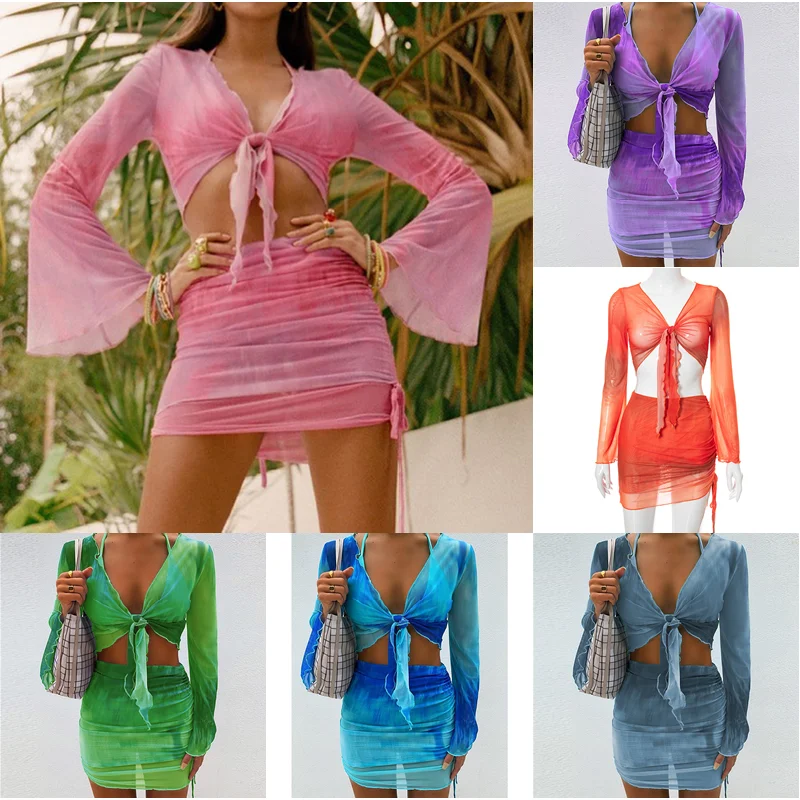 Top Trends: Sexy Two Piece Set Multi Color Tie Dye Mesh Crop Top Cardigan Mini Skirts Beach Wear Vacation Outfits Summer 2022 Shoppable Styles