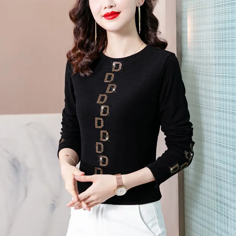 Top Trends: Office Lady Fashion Solid Color T-shirt All-match Letter Chic Diamonds Korean Standard Round Neck Basic Long Sleeve Pullovers Shoppable Styles - Image 5