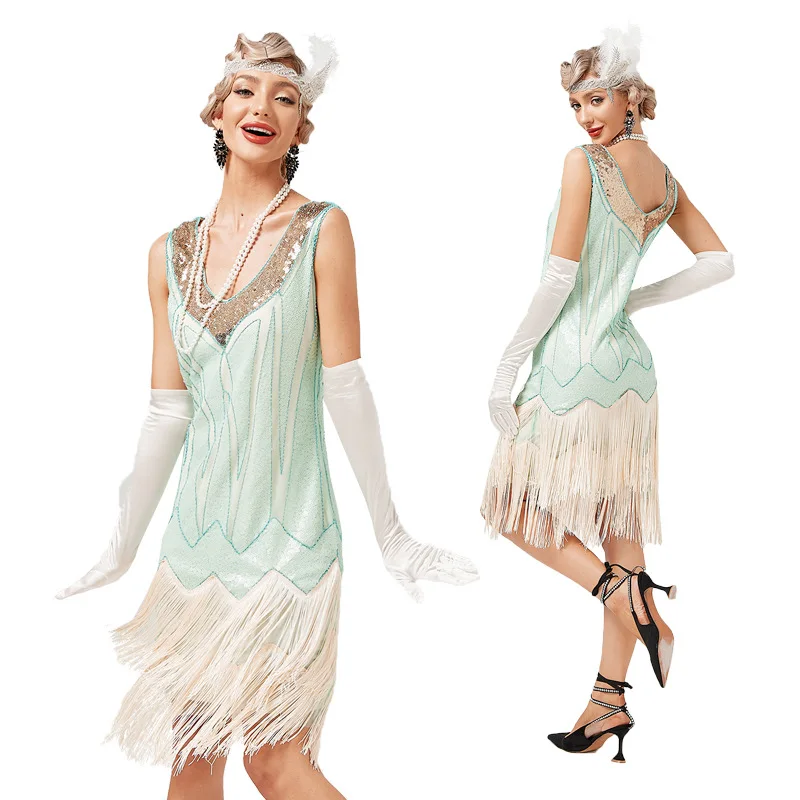 Top Trends: Vintage 1920s Flapper V-neck Double Tassel Dress Great Gatsby Cosplay Costume Cocktail Party Charleston Dance Sequin Stud Dress Shoppable Styles - Image 2