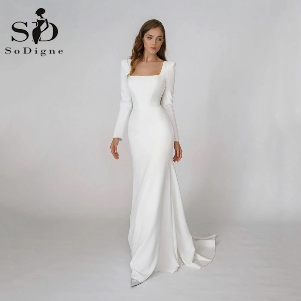 Top Trends: SoDigne Elegant Satin Mermaid Wedding Dress Square Neck Long Sleeves Backless Party Bridal Dress Bride Dress Vestido De Noiva Shoppable Styles