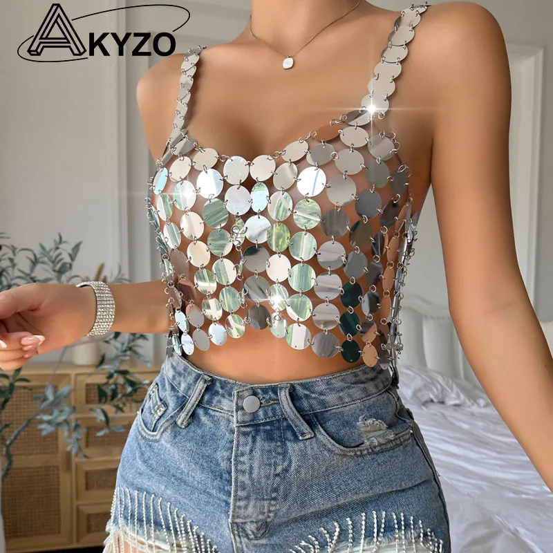 Top Trends: Women's Sequined Crop Top Hollow Out Camisole V Neck Sleeveless Glitter Bra Tops For Summer Pub Party Music Festival Rave Shoppable Styles