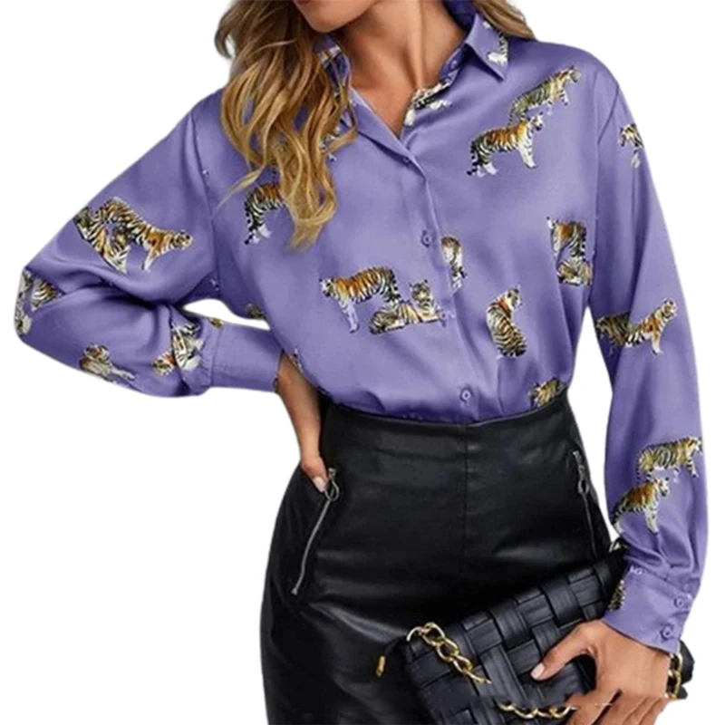 Top Trends: Elegant Style Tiger Print Shirt Women's Lapel Long Sleeve Single-breasted Cardigan Tops Ladies Commuter Loose Blouse Large Size Shoppable Styles