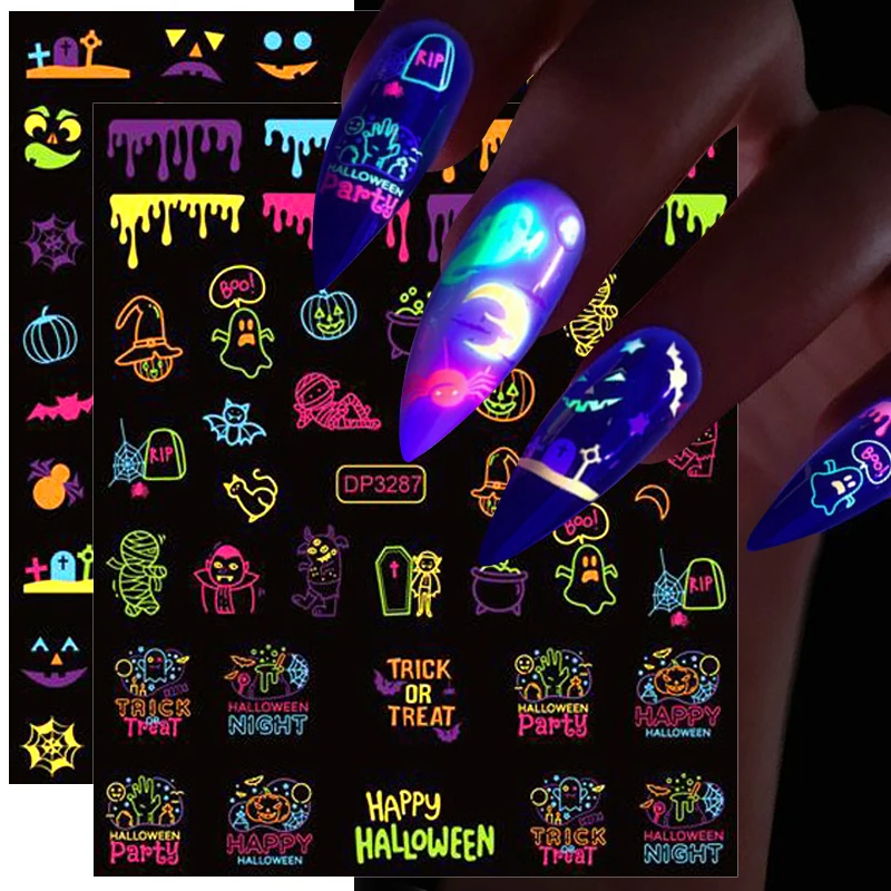 Top Trends: Fluorescence 3D Nail Stickers Luminous Halloween Pumpkin Spider Star Moon DIY Nail Decals Glow In The Dark Nail Art Decoration Shoppable Styles