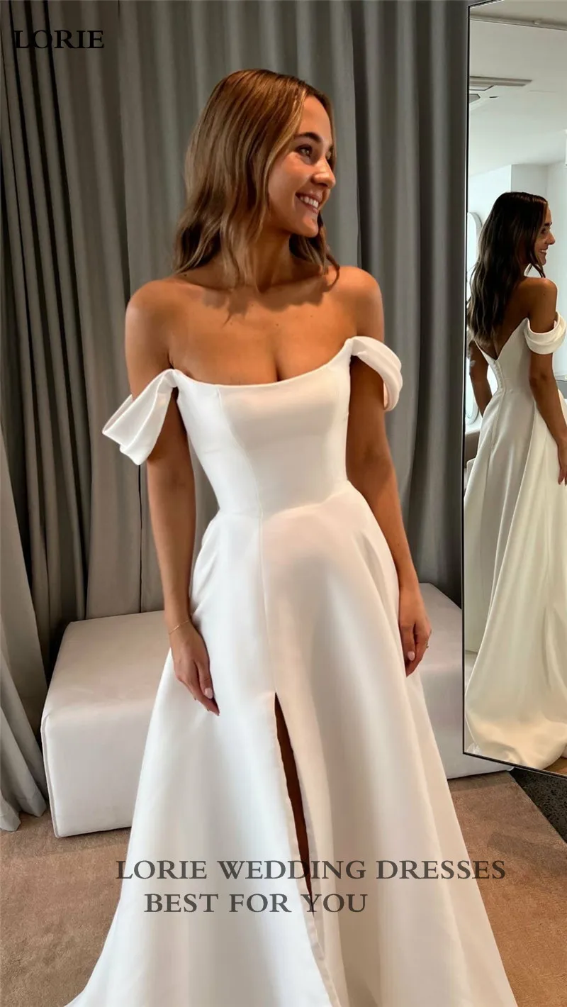 Top Trends: LORIE Soft Satin A Line Wedding Dresses Sleeveless Off The Shoulder Bridal Gowns Long Train Wedding Party Gowns 2023 Shoppable Styles - Image 4