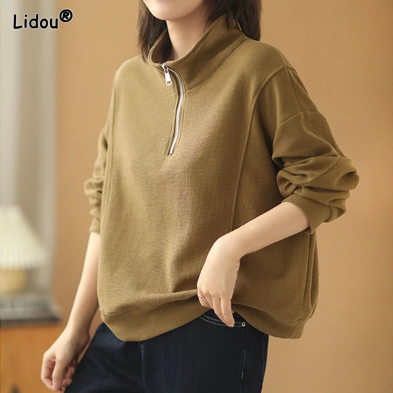 Top Trends: Waffle Zipper Sweater For Women In Spring And Autumn New Korean Version Loose Style Stand Collar Top Long Sleeve Cotton Material Shoppable Styles