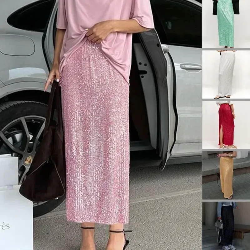 Top Trends: Solid Color Sequin Back Split Casual Long Skirt Y2k 2023 Autumn Shiny Hiigh Waist Hip Wrap Straight Maxi Skirt Party Streetwear Shoppable Styles