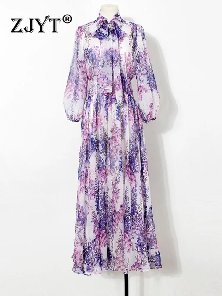 Top Trends: ZJYT Fashion Bohemian Style Purple Floral Print Maxi Chiffon Dress Women Elegant Bow Collar Long Vacation Beach Vestidos Spring Shoppable Styles