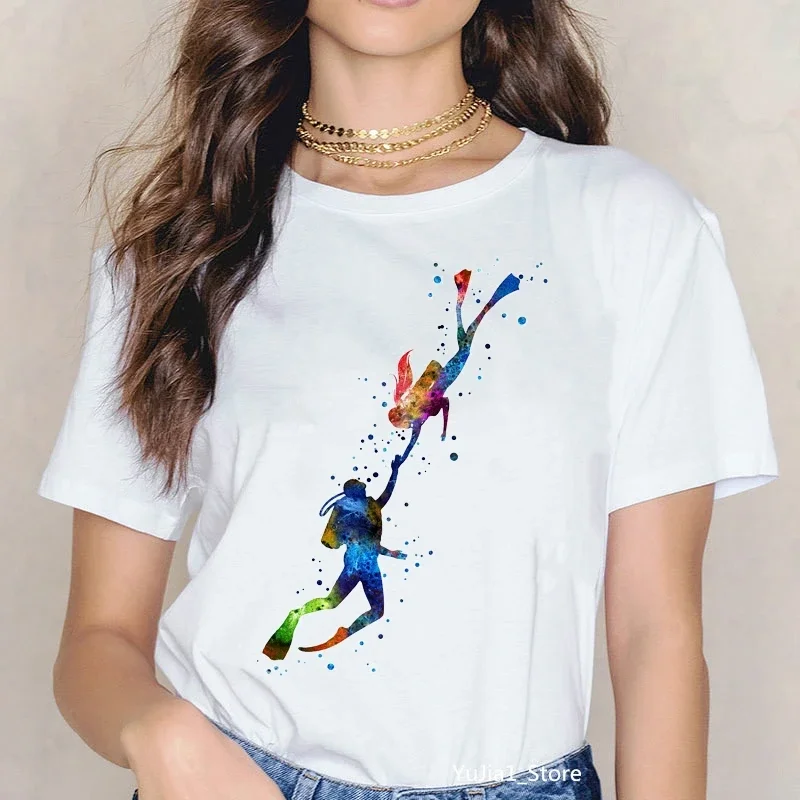 Top Trends: Watercolor Scuba Diving Lover Printed Sports Art Tee Shirt Femme Cute Summer Top Woman Clothes Ropa Mujer Custom Tshirt Shoppable Styles