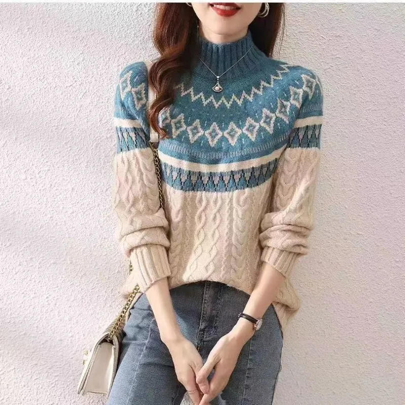 Top Trends: Autumn And Winter Women&#039;s Pullover High Neck Loose Fit Long Sleeve Screw Thread Sweater Underlay Fashion Elegant Casual Tops Shoppable Styles