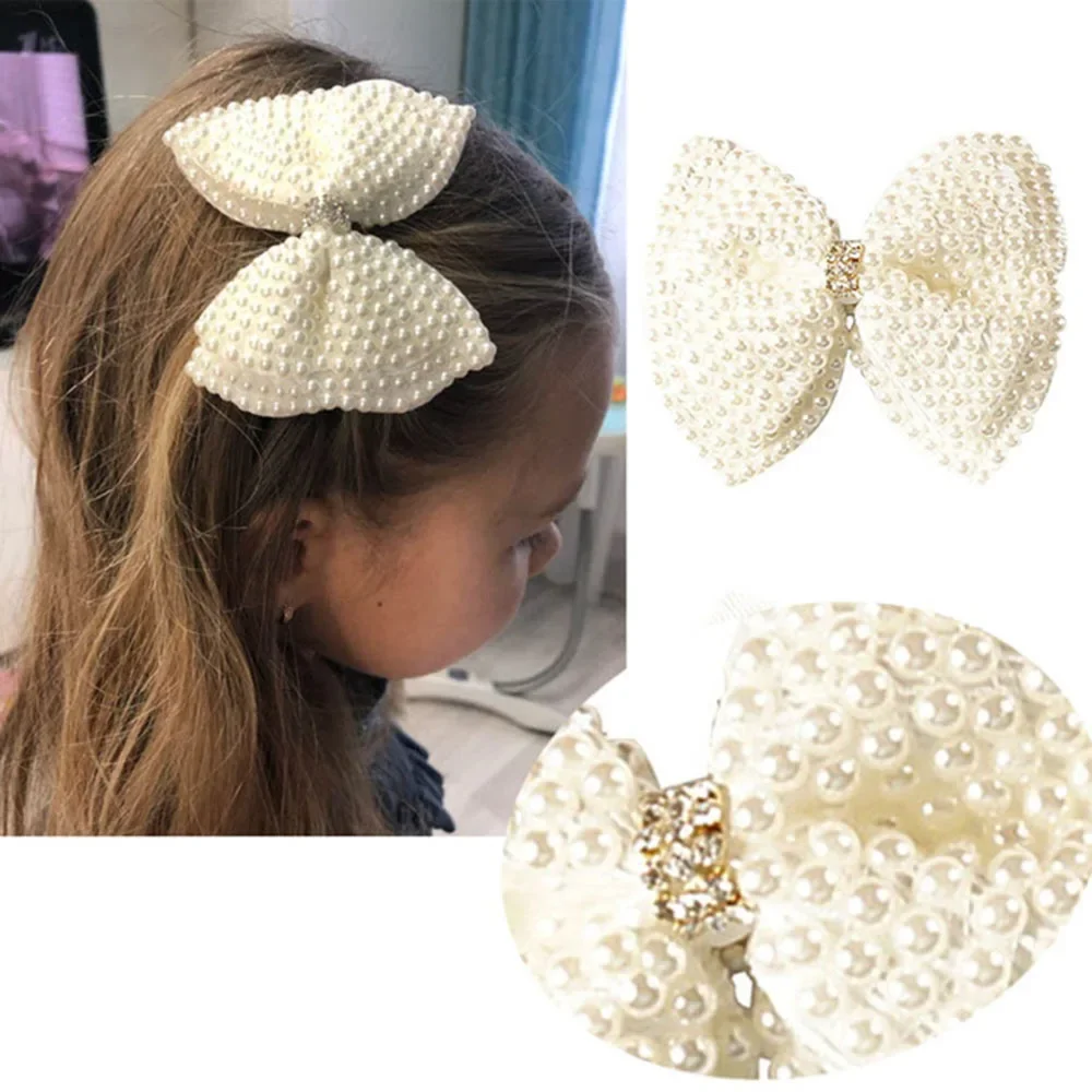 Top Trends: White Pearl Hair Bows With Hair Clips For Girls Kids Boutique Layers Bling Rhinestone Center Bows Hairpins Hair Accessories Shoppable Styles