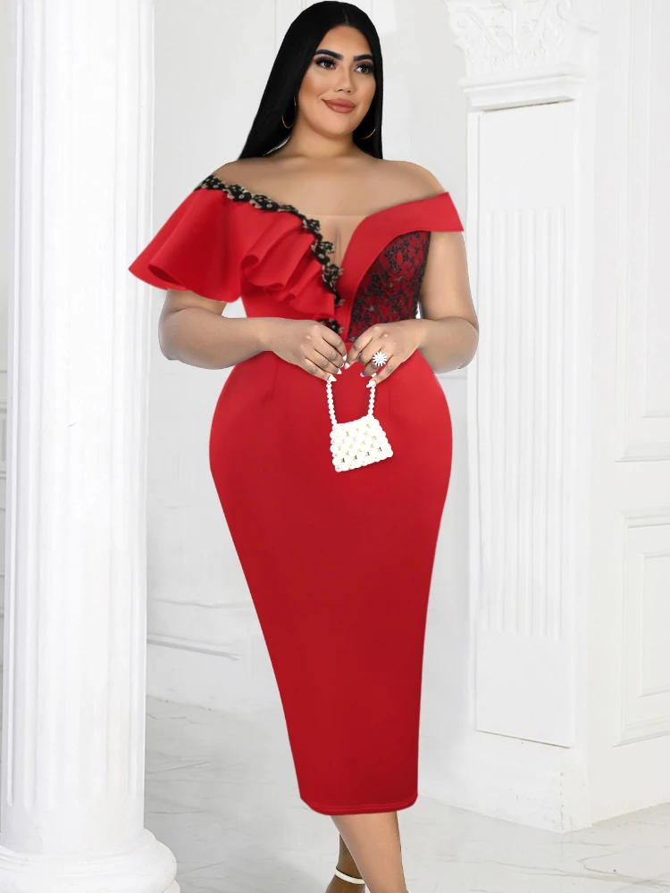 Top Trends: ONTINVA Off Shoulder Party Dresses For Women Red Lace Patchwork Ruffles Appliques Midi Wedding Plus Size Gowns Outfits Shoppable Styles