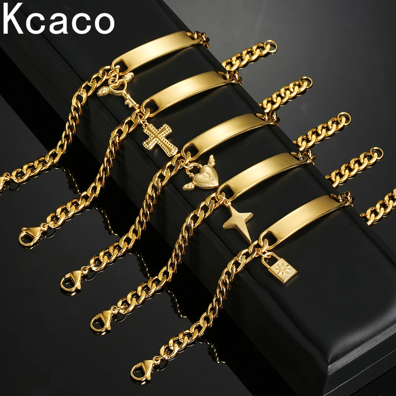 Top Trends: Kcaco Engrave Name Cross Heart Bracelet Stainless Steel For Men Women Adjustable Cuban Chain Personalized Jewelry Gift Shoppable Styles