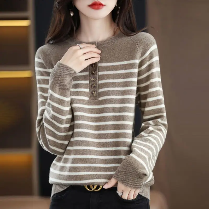 Top Trends: Spring Autumn Vintage Fashion Striped Knit Sweaters Women All-match Long Sleeve O-Neck Button Panelled Loose Casual Pullover Top Shoppable Styles