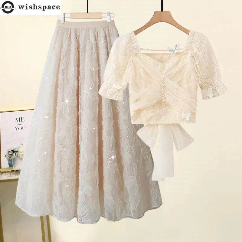 Top Trends: Korean Popular Sweet And Elegant Women's Skirt Set Sexy Lace Chiffon Shirt Tulle Bubble Skirt Two-piece Set Party Dress Shoppable Styles