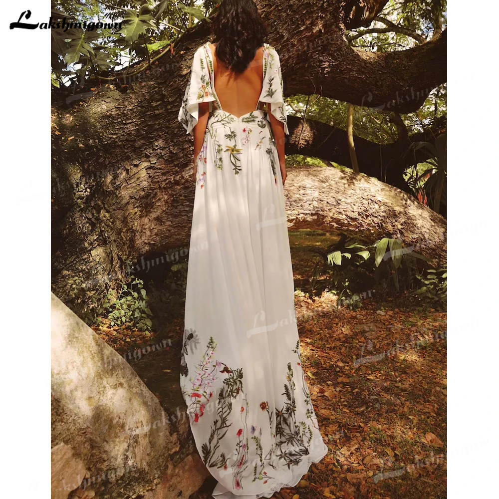 Top Trends: Lakshmigown Chic Colorful Print Flower Boho Wedding Dress Sexy V Neck Short Sleeve Open Back Chiffon Beach Bohemian Bridal Gown Shoppable Styles - Image 2