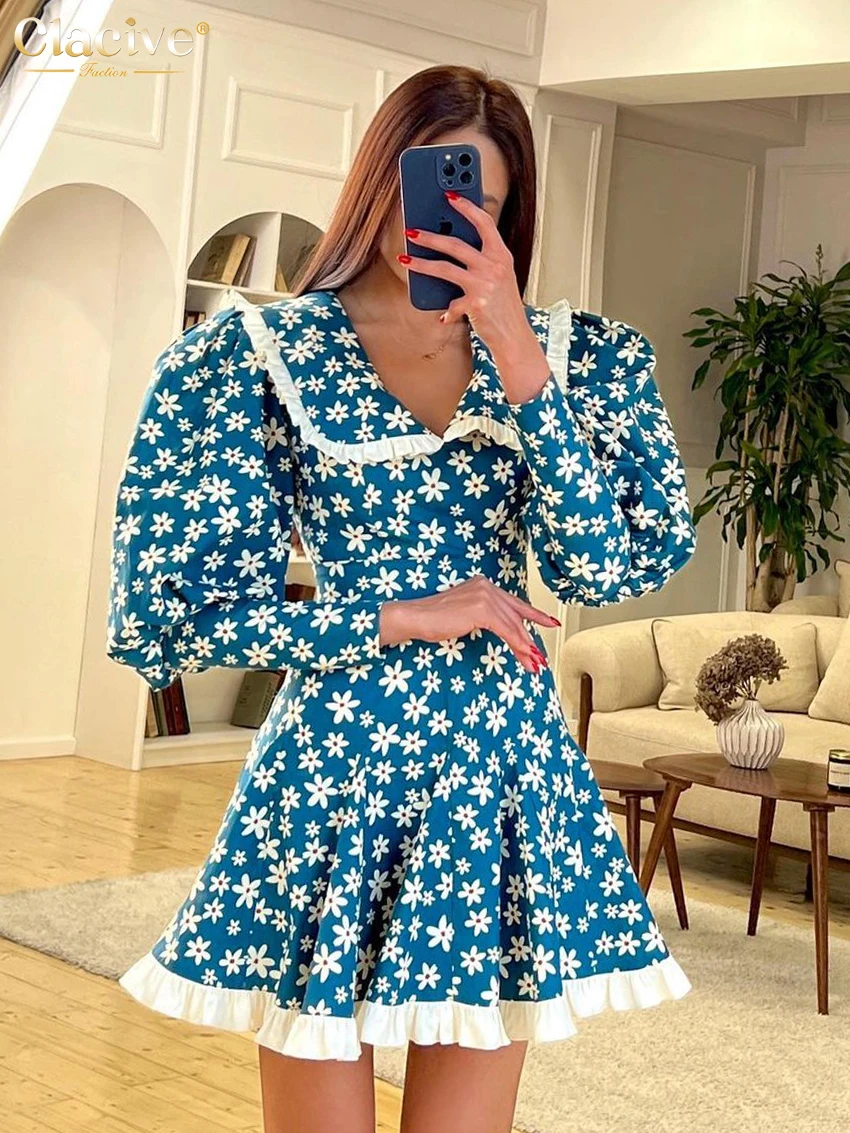 Top Trends: Clacive Fashion Slim Print Women&#039;S Dress Elegant Doll Collar Lantern Sleeve Mini Dresses Vintage Ruffle Patchwork Female Dress Shoppable Styles