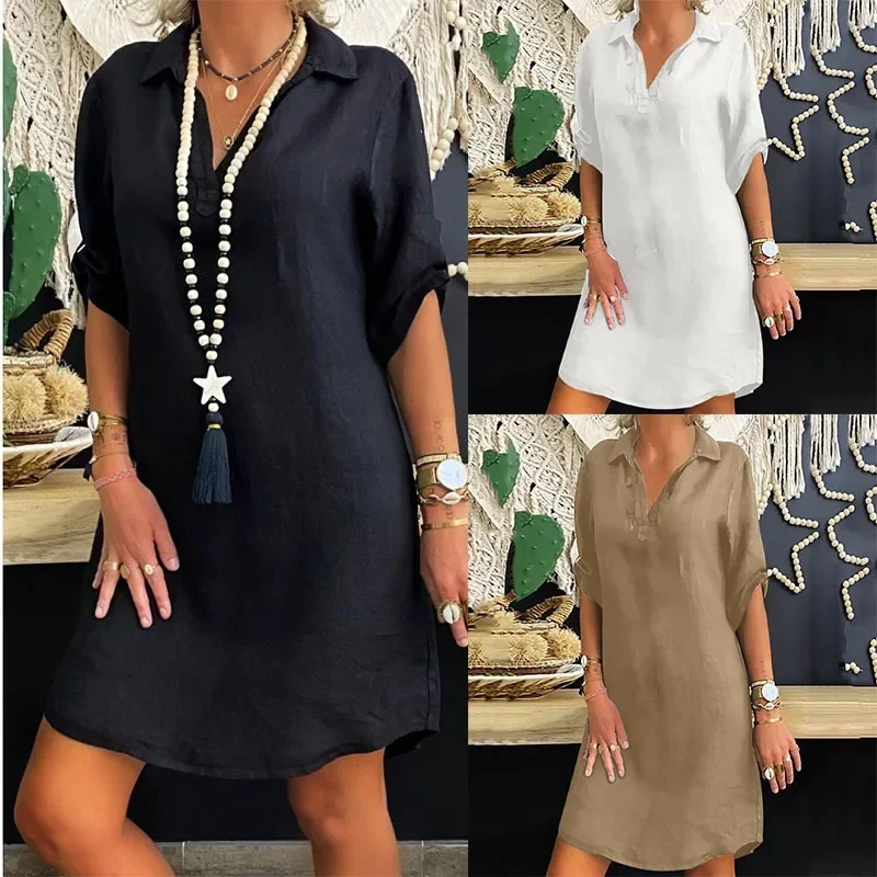 Top Trends: Cotton Linen OL Blouse Dress Vintage Casual Turn Down Collar Short Sleeve Loose Solid Mini Dresses Female Vestidos FYY1062 Shoppable Styles