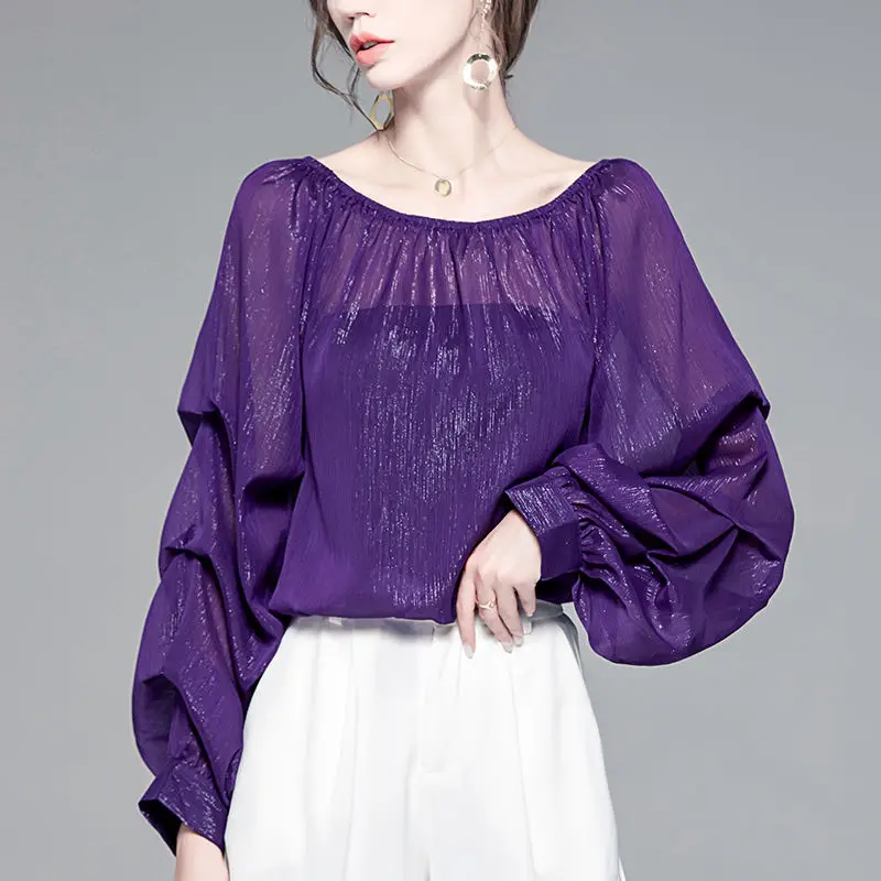 Top Trends: Elegant Fashion Puff Sleeve Bright Silk Chiffon Blouse Women Clothing 2022 Spring New Sexy Slash Neck Loose Casual Shirt Female Shoppable Styles