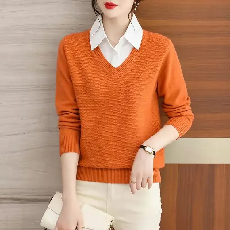 Top Trends: Autumn Winter Fake Two Pieces Patchwork Sweater Ladies Elegant Fashion All-match Knitting Top Women Polo-neck Casual Jumper Shoppable Styles