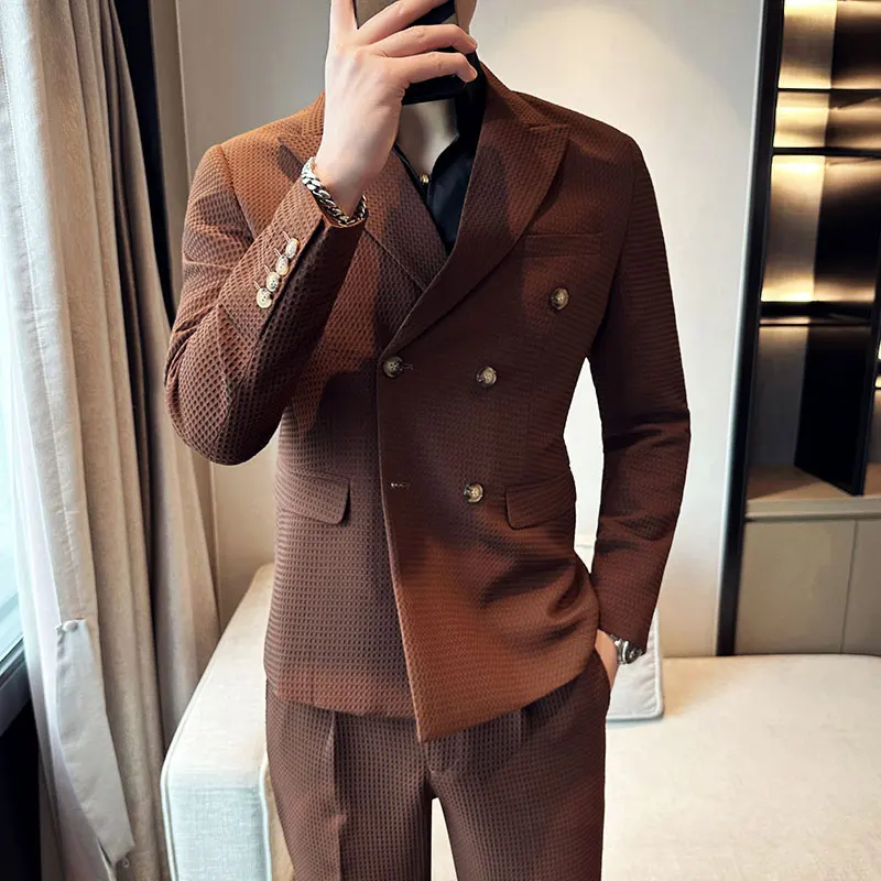 Top Trends: (Jacket+ Pants) Men Blazers High Quality Double Breasted Business Suits / Male Slim Fit Waffle Groom's Wedding Dress Casual Tuxedo Shoppable Styles - Image 6