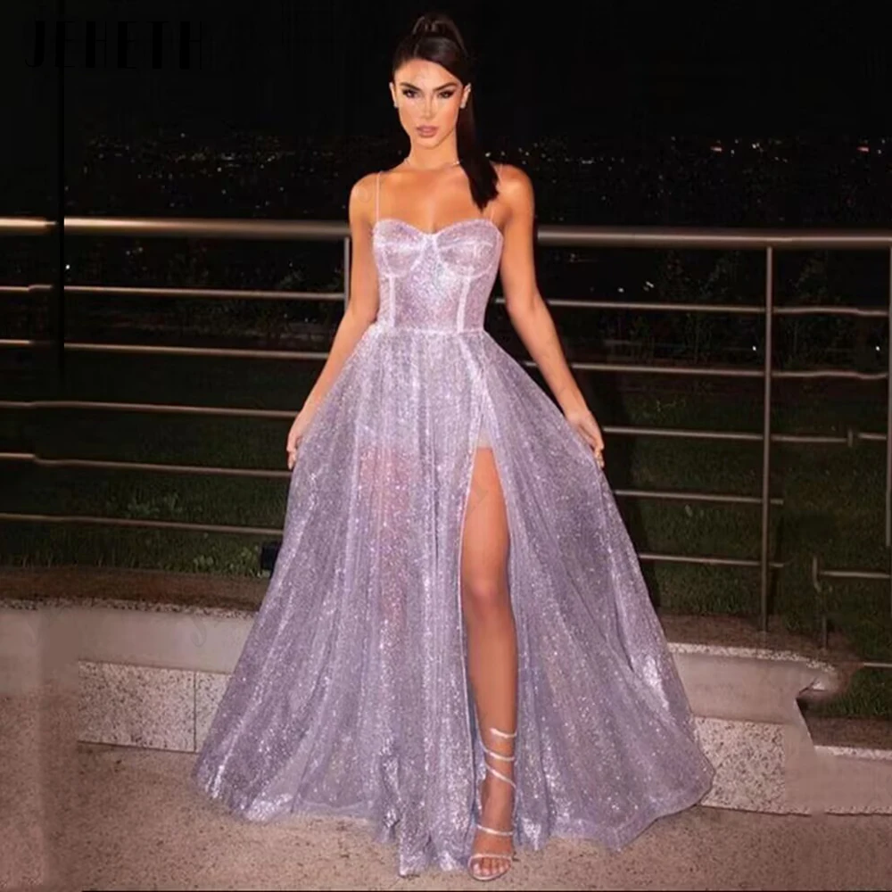 Top Trends: JEHETH Elegant Purple Shiny Prom Gowns For Woman Spaghetti Straps A-Line Sweetheart Evening Dress Side Split Vestidos De Gala Shoppable Styles