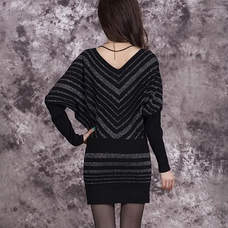 Top Trends: Women's Clothing Sexy Batwing Sleeve Striped Mini Dress Autumn Winter V-Neck Spliced Casual Fashion Bright Silk Knitted Dresses Shoppable Styles - Image 4