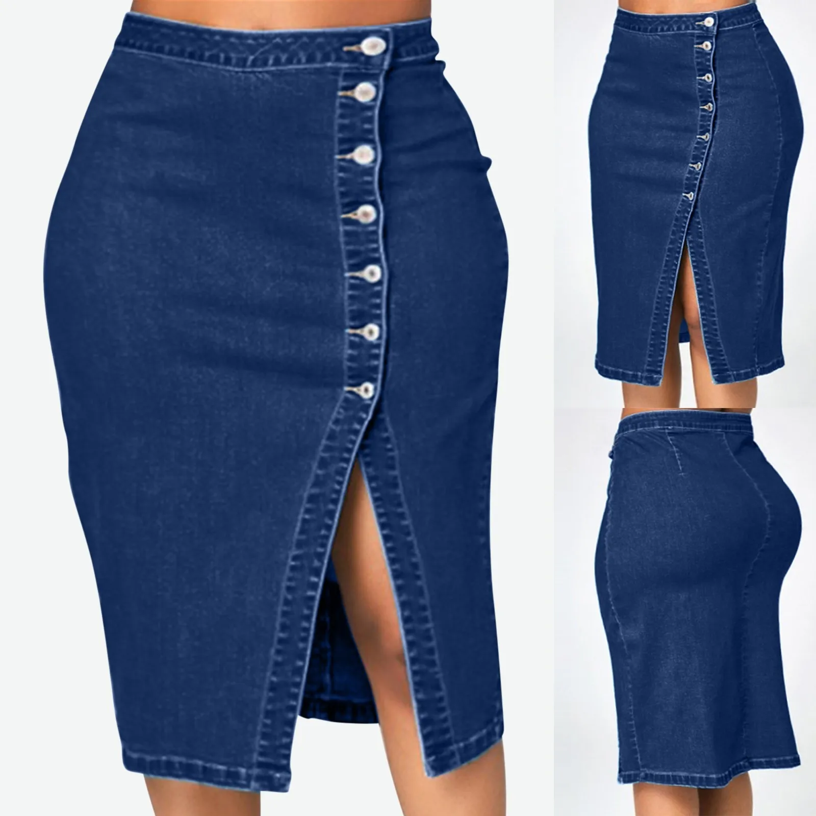 Top Trends: Women's Long Denim Skirt Summer 2023 New Vintage High Wasit Jeans Skirt Button Female Straight A-line Pencil Skirts Solid Color Shoppable Styles