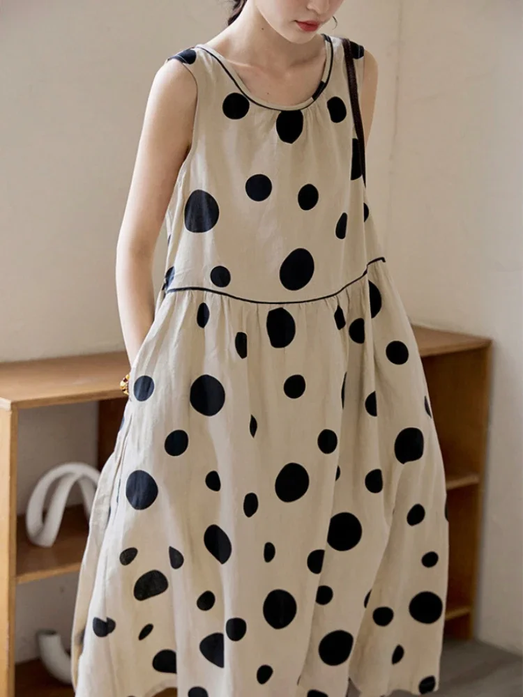 Top Trends: Summer Dress 2023 Korean Fashion New Arts Style Women Sleeveless Dot Print All-matched Casual Cotton Linen O-neck Tank Dresses Shoppable Styles