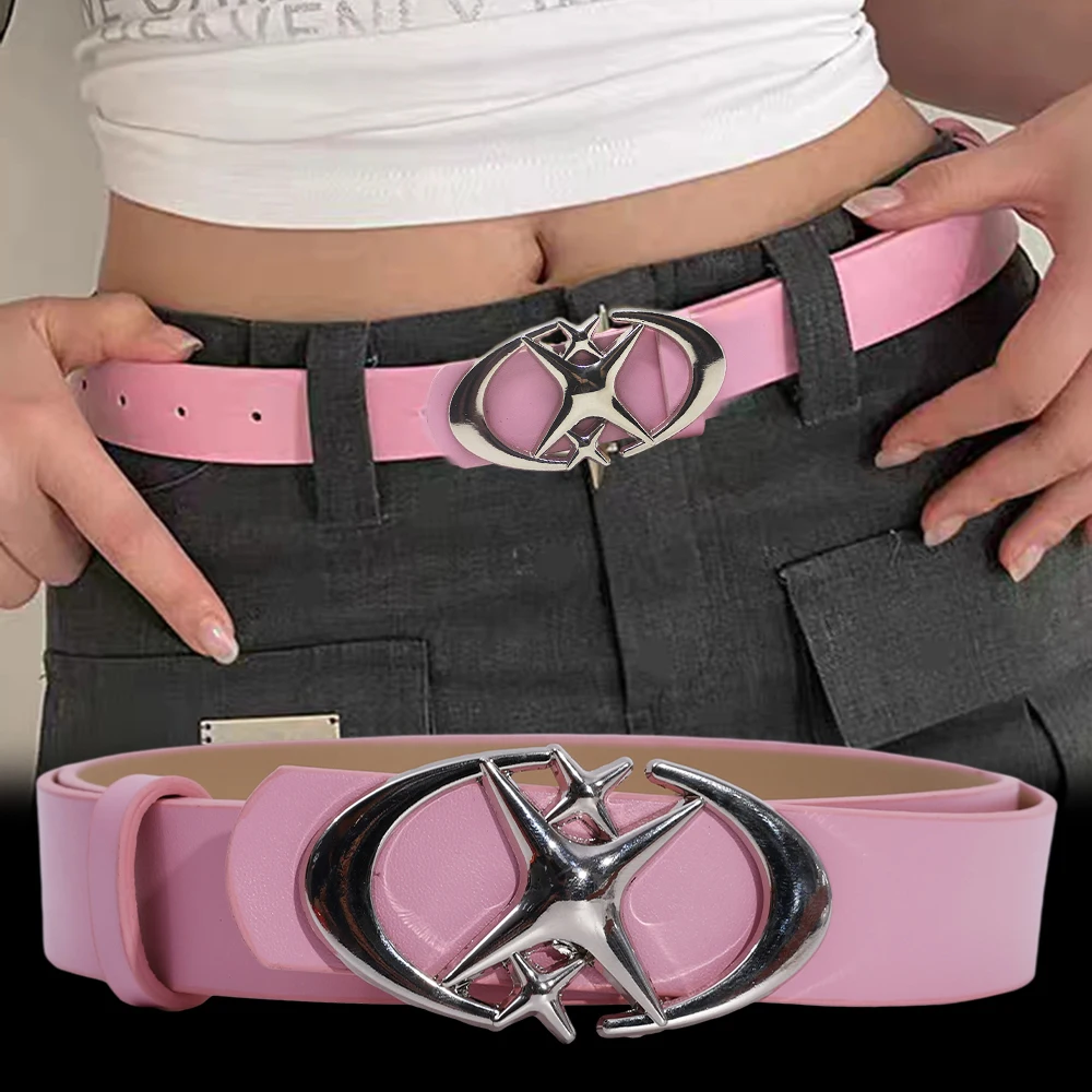 Top Trends: Fashion Spicy Girl Pink PU Leather Belt Metal Punk Cross Buckle Moon Star Buckle Belt Waistband Women Y2K Versatile Decoration Shoppable Styles