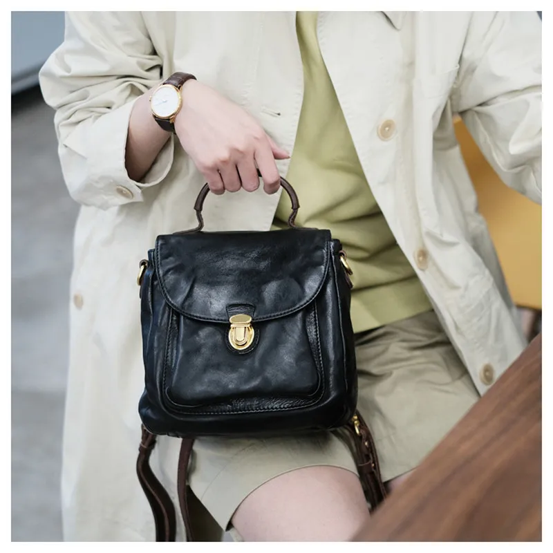 Top Trends: Fashion Casual Luxury Natural Genuine Leather Women's Small Black Backpack Weekend Outdoor Designer Real Cowhide Mini School Bag Shoppable Styles