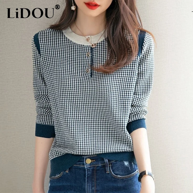 Top Trends: Autumn Winter New Vintage Houndstooth Print Simple Sweater Lady Elegant Fashion Korean Style Pullover All-match Casual Top Women Shoppable Styles