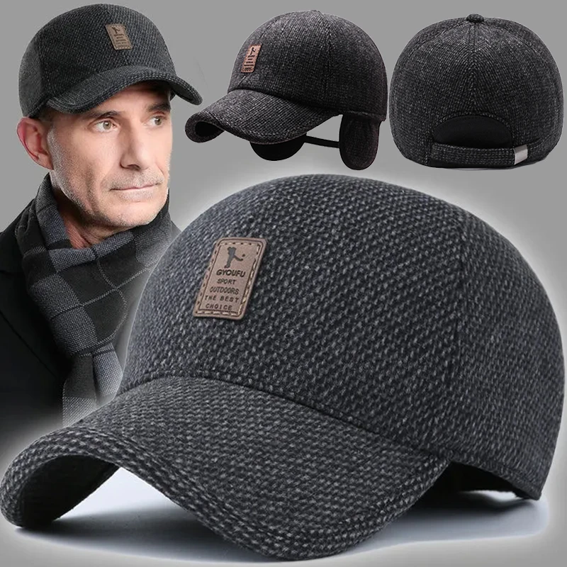 Top Trends: Winter Warm Dad Hat Men&#039;s Baseball Cap With Earflap Thicken Cotton Snapback Caps Ear Protection Windproof Knitted Hats For Men Shoppable Styles