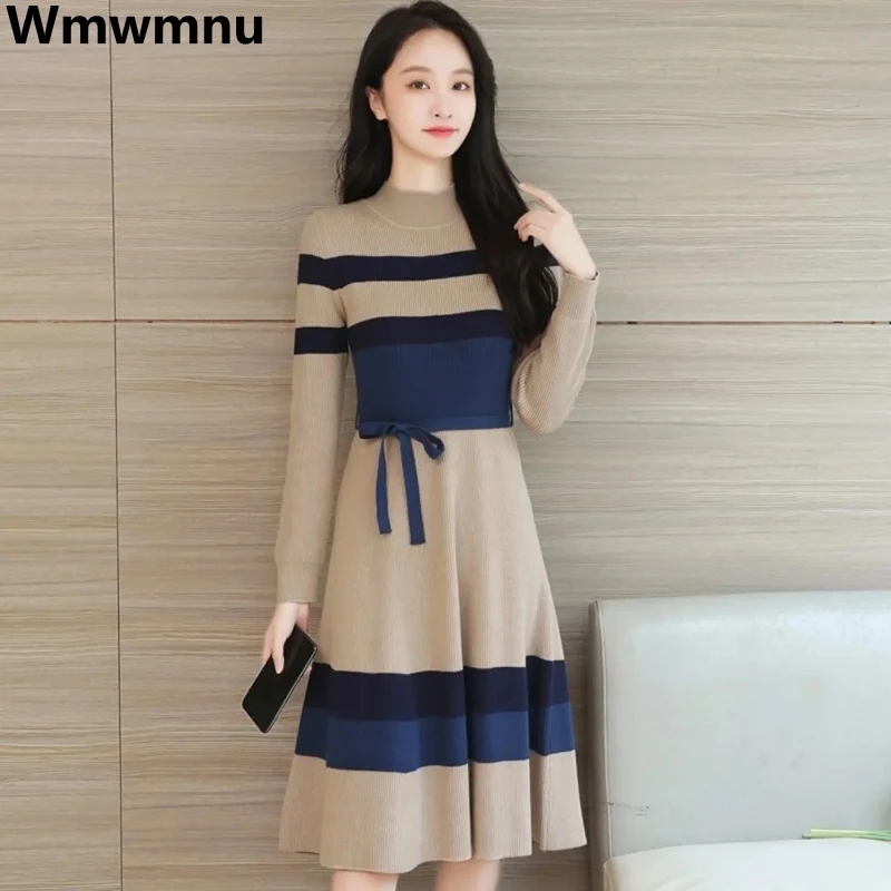 Top Trends: Stripe Slim Thick Knitted Dress Long Sleeve Lace Up Sweater Dresses Autumn Winter Midi Vestidos Elegant Bottoming Knitwear Robe Shoppable Styles