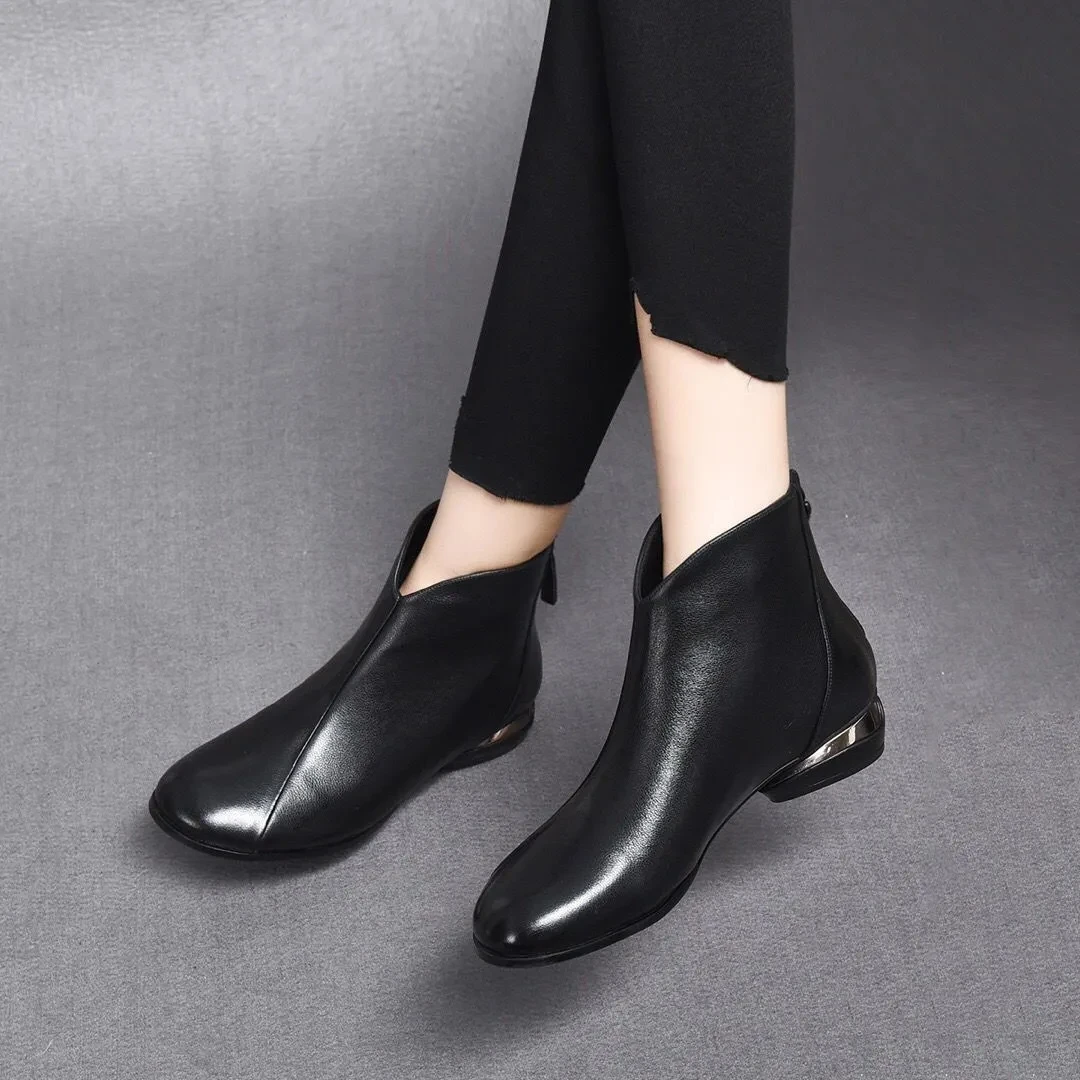 Top Trends: Women Ankle Boots Black Leather Design V-neck Ankle Boots Woman Casual Daily Comfort Ladies Zipper Booties Shoppable Styles