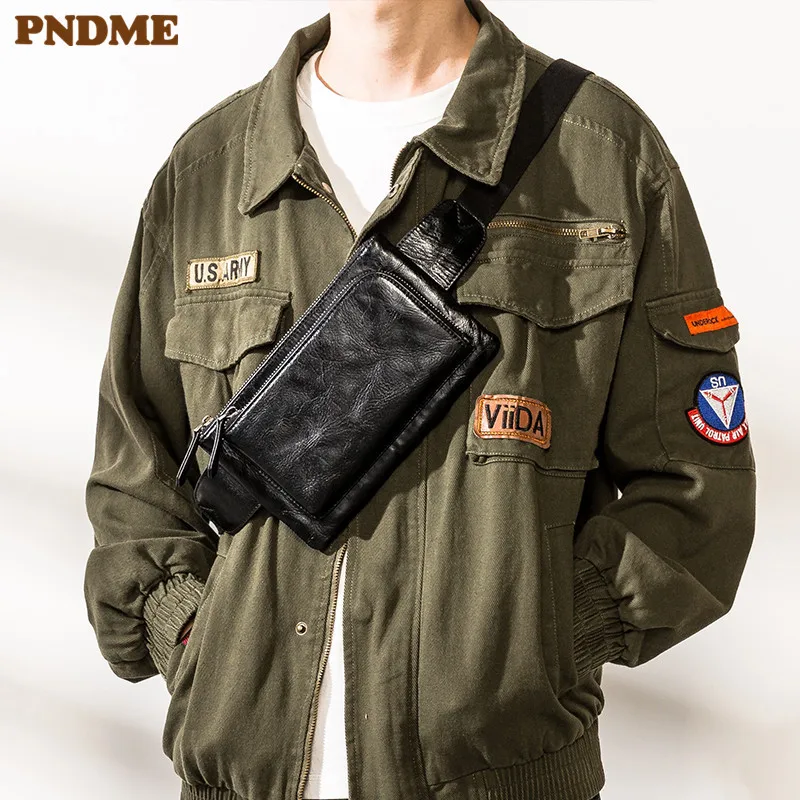 Top Trends: PNDME Outdoor Casual High-quality Genuine Leather Men&#039;s Black Chest Bag Simple Fashion First Layer Cowhide Sports Crossbody Bag Shoppable Styles