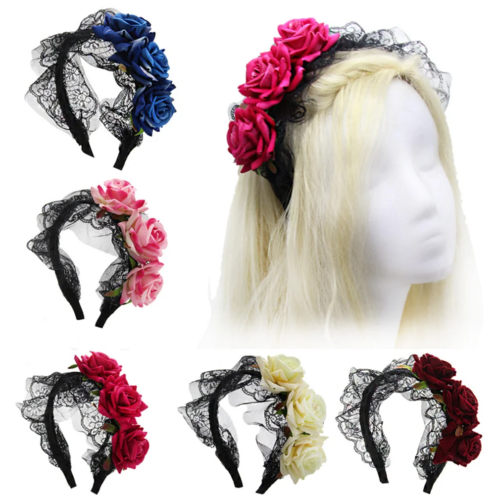 Top Trends: Halloween Headband Ladies Girls Day Of The Dead Red Rose Flowers Headdress Floral Hair Band Party Cosplay Women Hair Accessories Shoppable Styles - Image 2