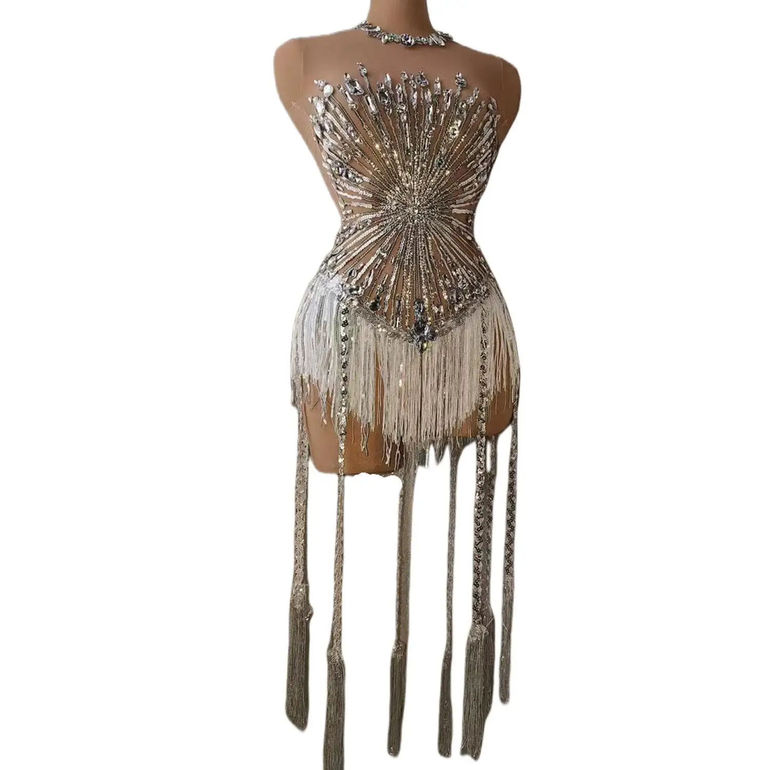 Top Trends: Sexy Rhinestone Crystal Bodysuit Women Big Stretch Tassel Club Prom Drag Queen Costume DS Stage Singer Dance Fringe Leotard Shoppable Styles