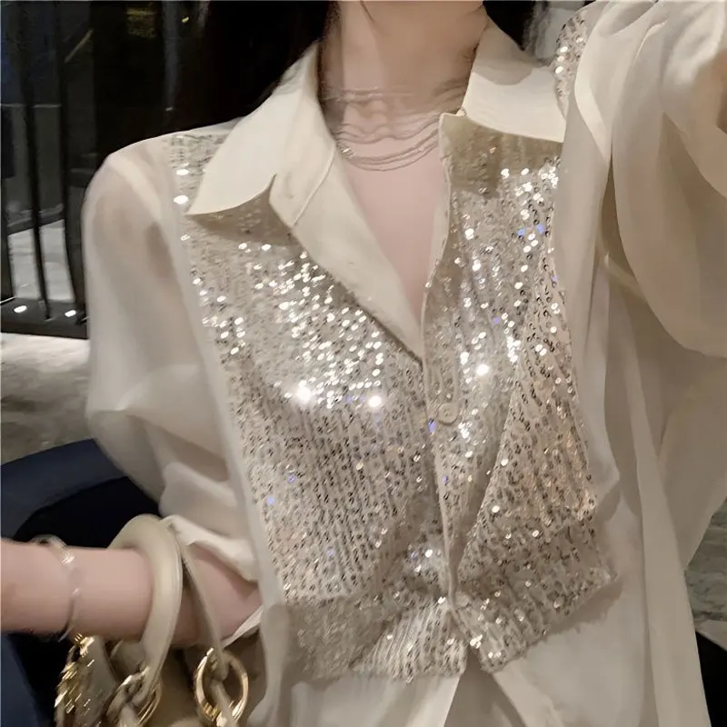 Top Trends: Fashion Sequined Solid Color Office Lady Shirt Female Korean Polo-Neck Elegant 2023 Spring Autumn Single-breasted Loose Blouse Shoppable Styles