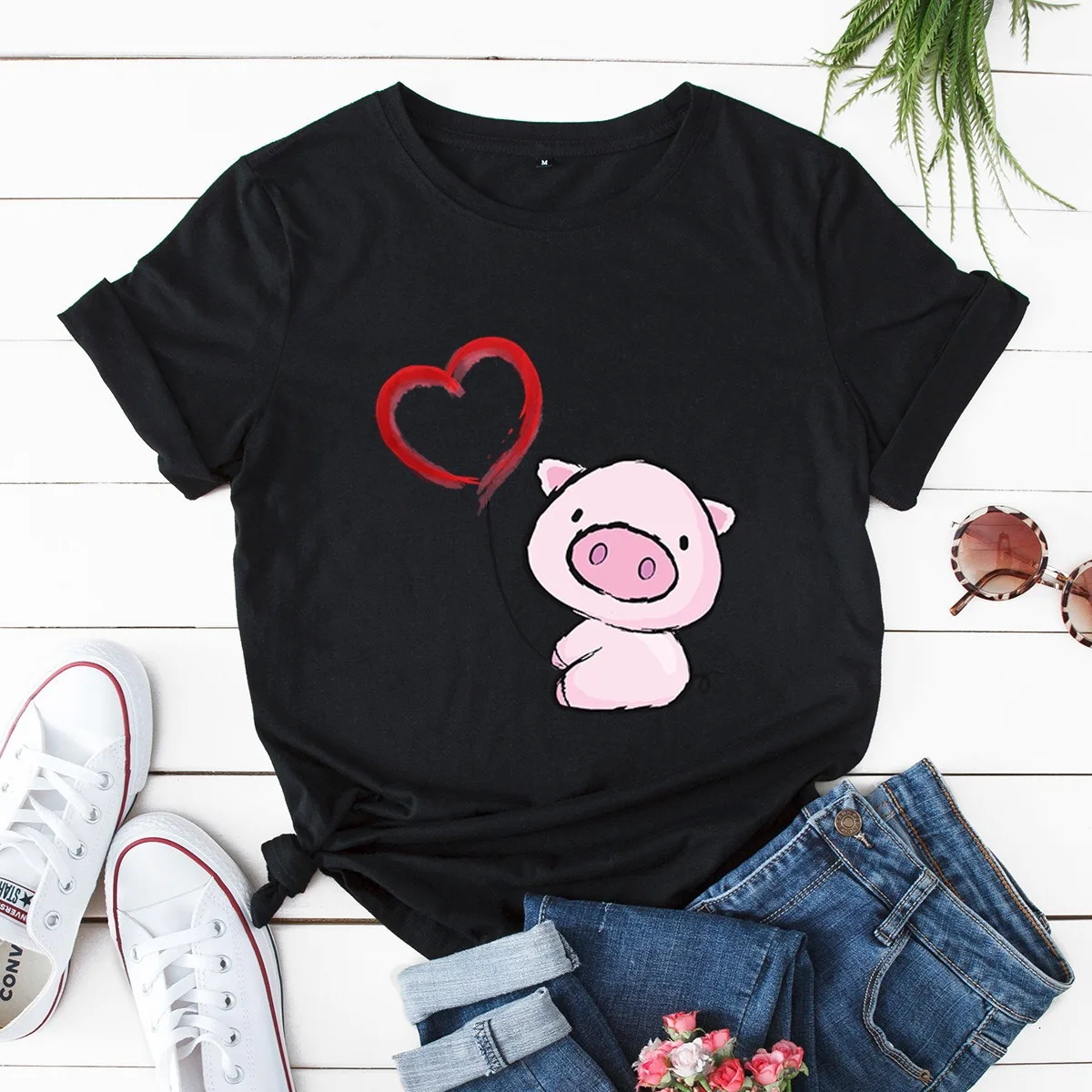 Top Trends: Heart Pig Print Women T Shirt Short Sleeve O Neck Loose Women Tshirt Ladies Tee Shirt Tops Clothes Camisetas Mujer Shoppable Styles