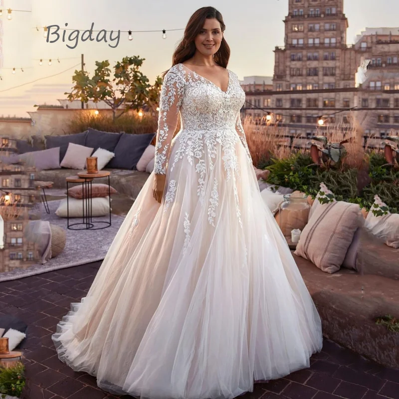 Top Trends: Elegant V-Neck Wedding Dresses Plus Size Lace Long Sleeve Women White Open Back Tulle Bridal Gown Sweep Train Vestidos De Novia Shoppable Styles